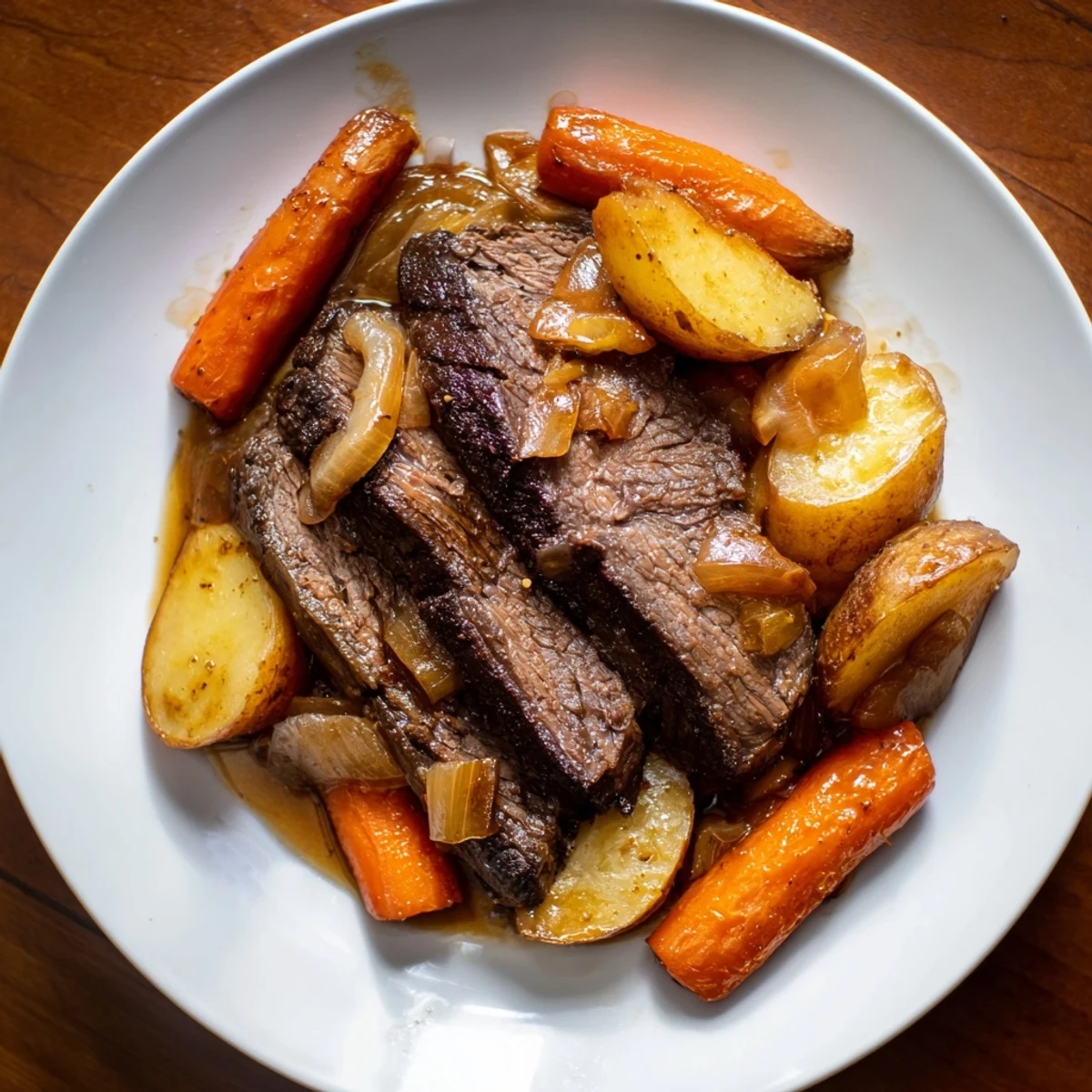 Sunday pot roast with vegetables: steaming, juicy beef and roasted root vegetables, a family favorite.