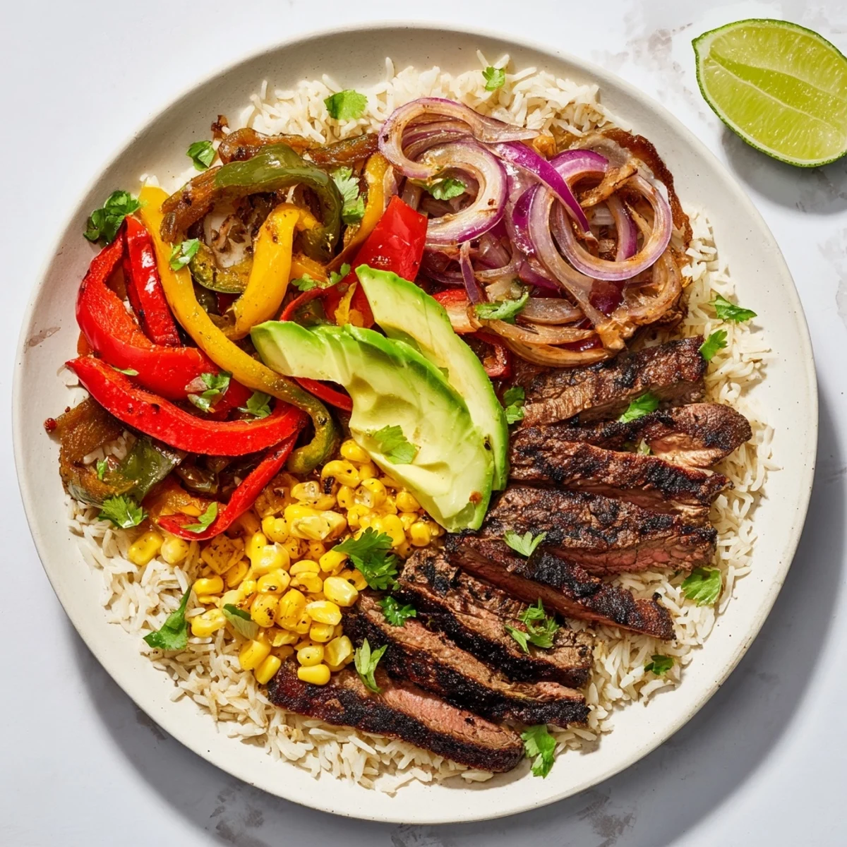 This tempting BBQ Steak Fajita Bowl showcases perfectly grilled steak alongside vibrant vegetables and fluffy rice.