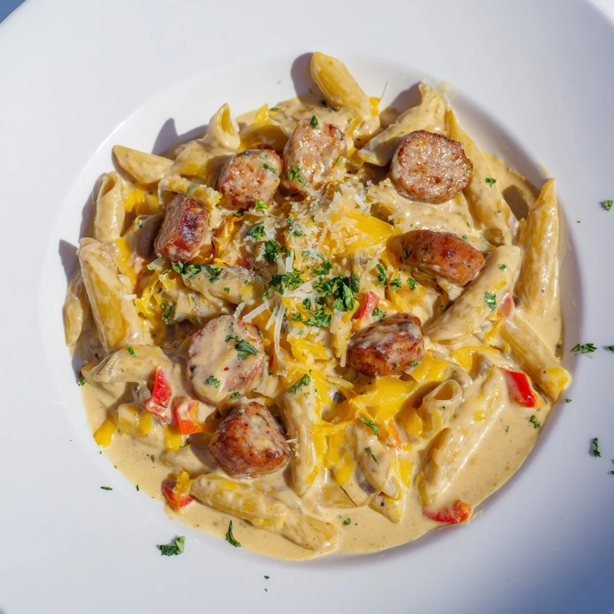 Bubbling Smoked Sausage & Cheddar Pasta Bake topped with melted cheese, ready to serve to hungry diners.