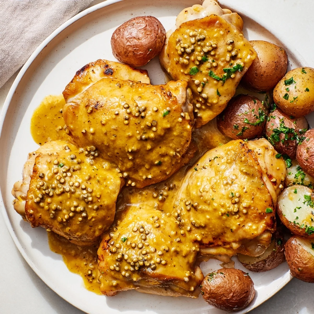 Golden, glazed Honey Mustard Chicken alongside crispy roasted potatoes; a delicious family dinner.
