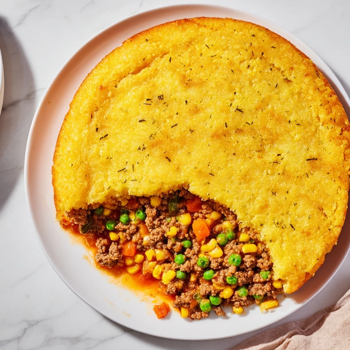 A steaming slice of Cornbread Crusted Beef Pie, showcasing the hearty beef filling and fluffy cornbread topping.
