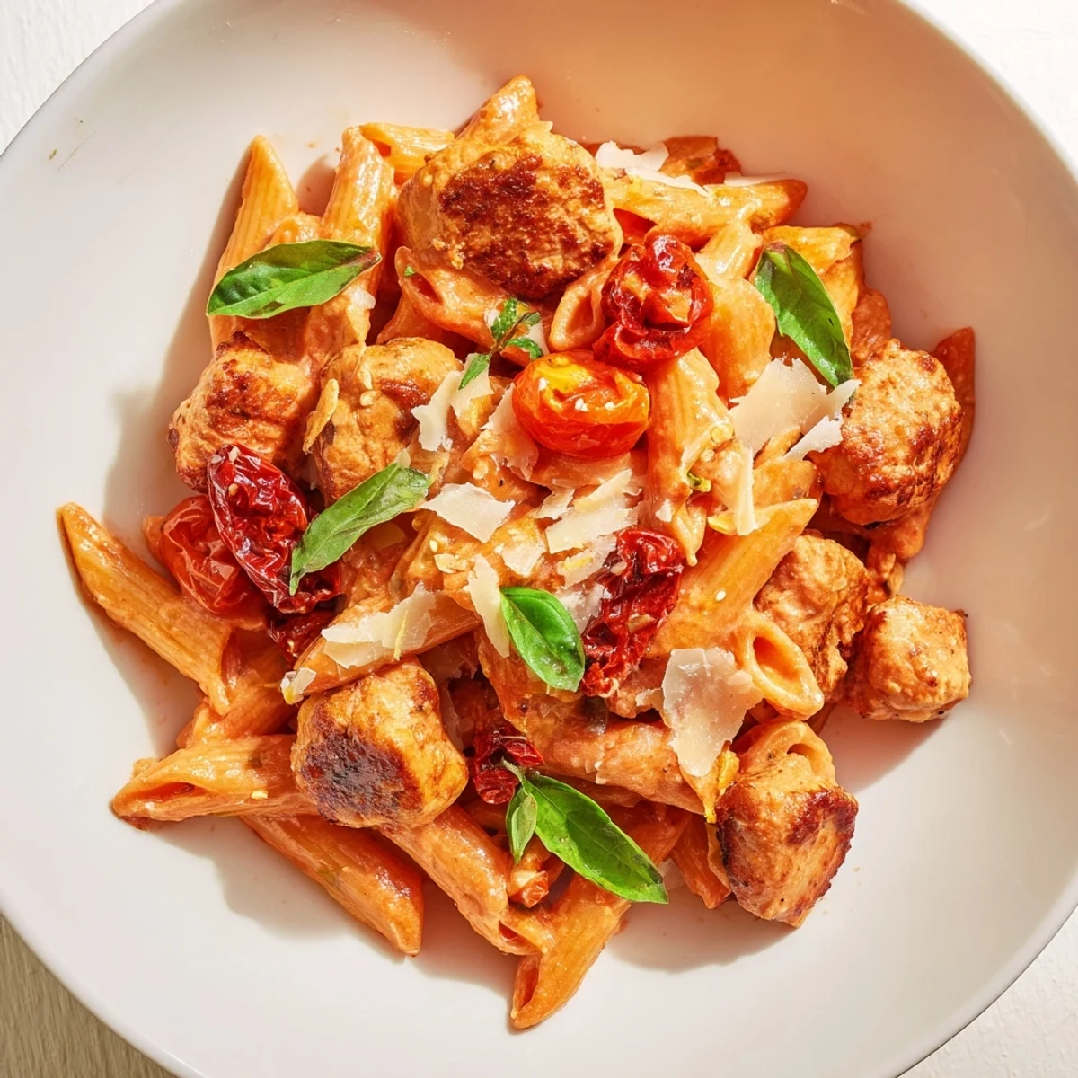 Creamy Tomato Basil Chicken Pasta: A close-up view showing the vibrant red sauce coating penne.