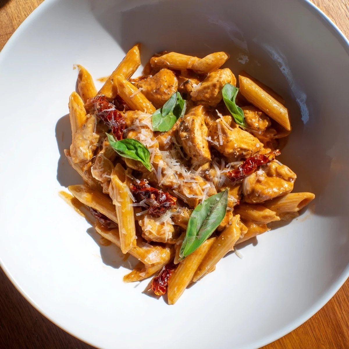 A steaming bowl of Creamy Tomato Basil Chicken Pasta with Parmesan, offering a warm and savory aroma.