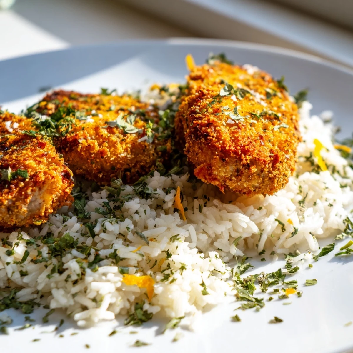 Golden-crusted Parmesan Herb Pork Chops nestled over fluffy rice, a comforting American dinner.