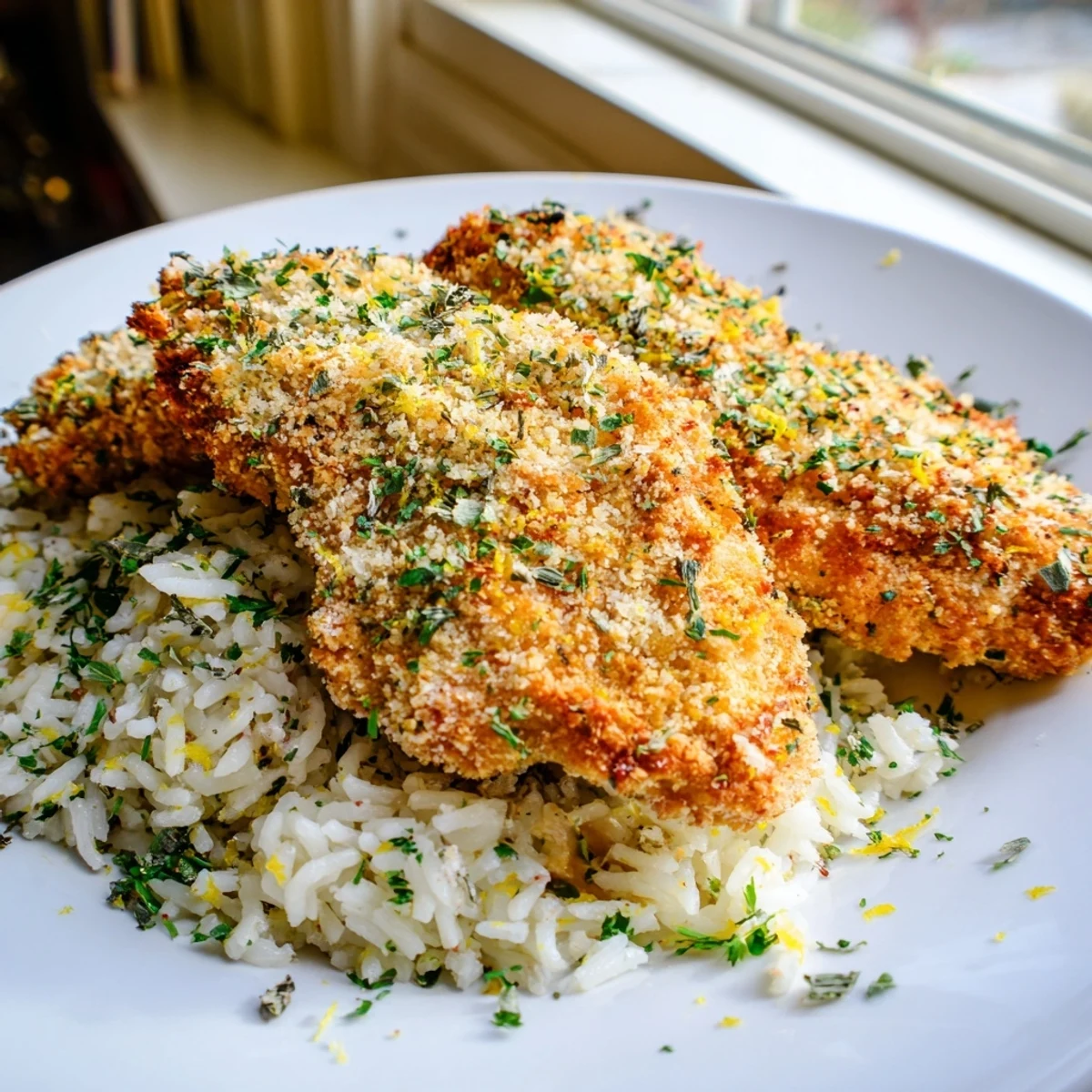 Savory Parmesan Herb Pork Chops, expertly baked, paired with seasoned rice for a complete, flavorful entree.