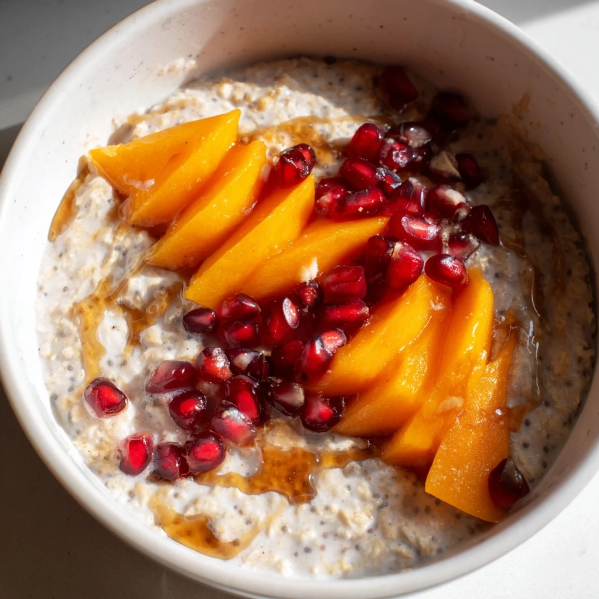 This photo shows a delicious bowl of Overnight Oats with persimmon, a healthy and vibrant breakfast option.