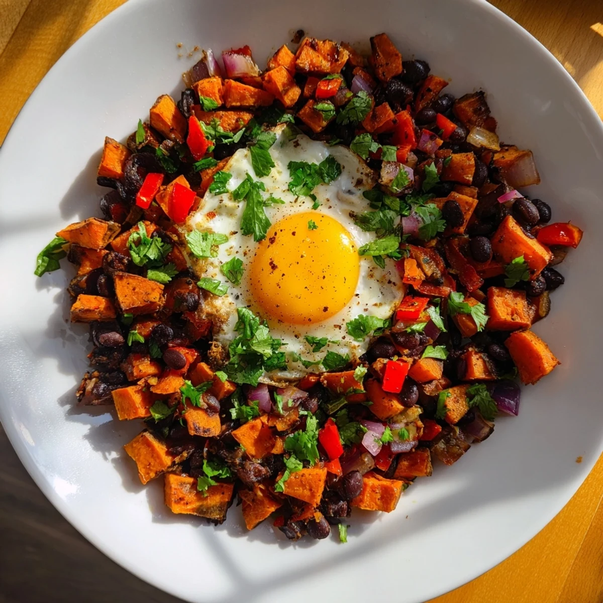 Golden, perfectly cooked eggs atop a vibrant Sweet Potato & Black Bean Breakfast Hash, ready to eat.