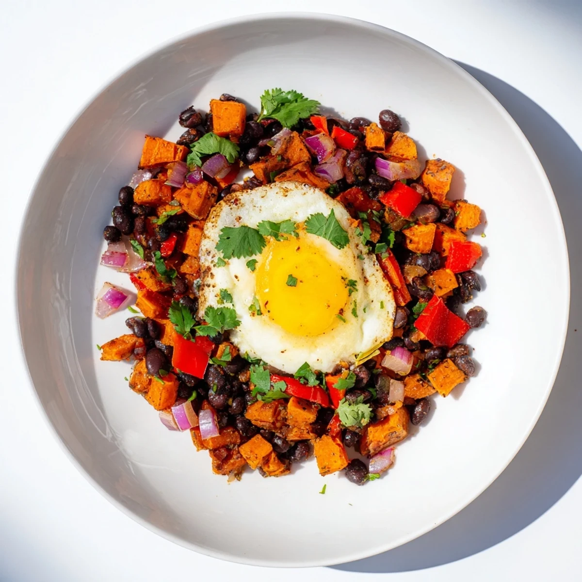 A steaming, delicious serving of Sweet Potato & Black Bean Breakfast Hash, perfect for a cozy weekend brunch.