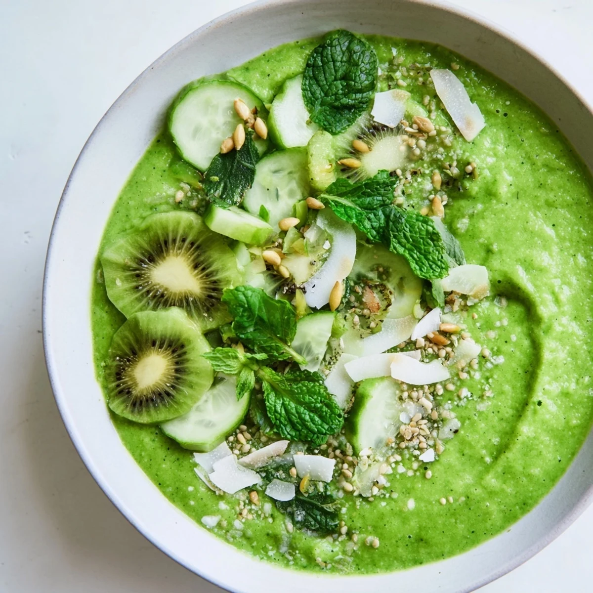 Creamy green smoothie bowl with kale, kiwi, and avocado, topped with fresh hemp seeds, ready to eat.