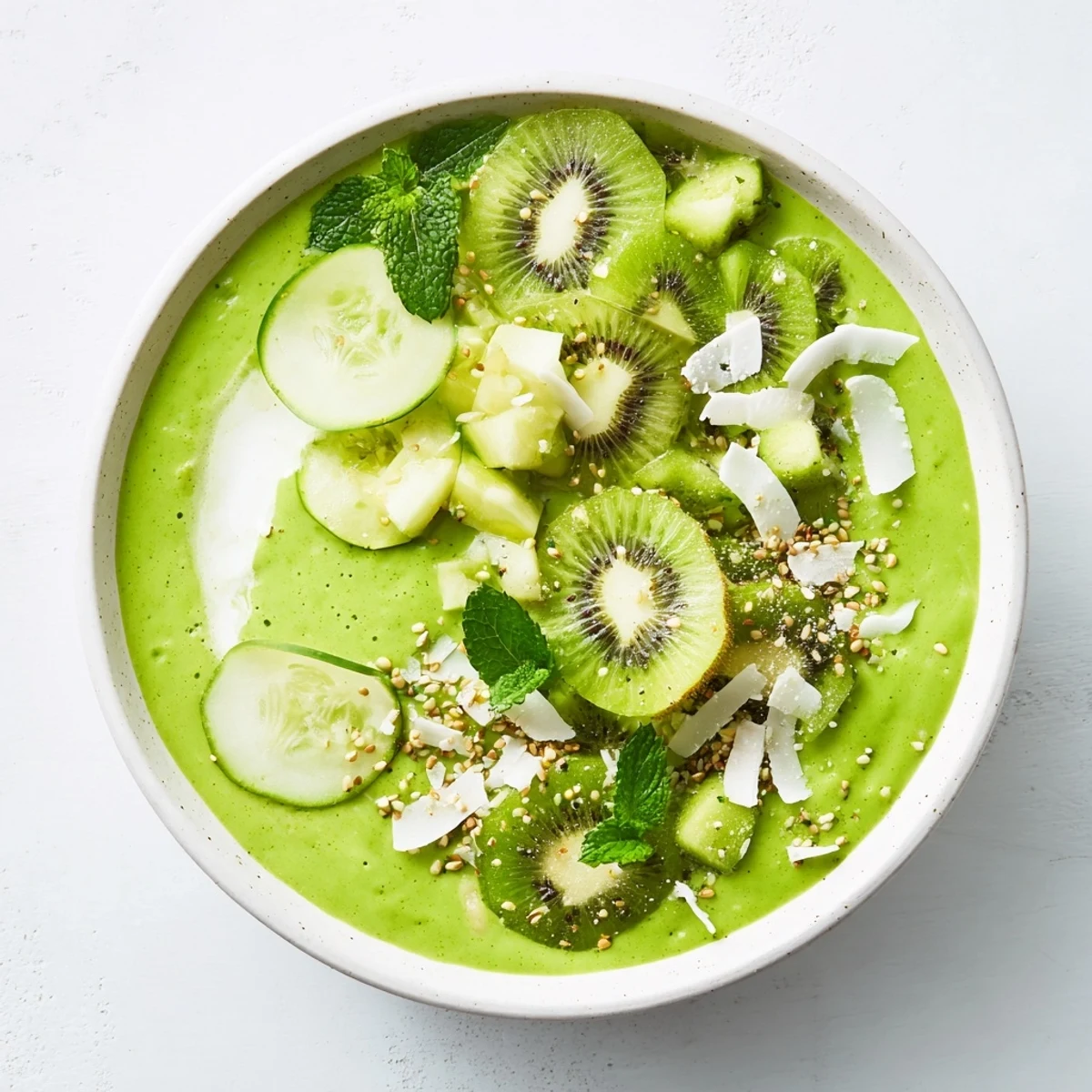 A vibrant green Smoothie Bowl with kale, cucumber and kiwi, offering a refreshing vegan breakfast.