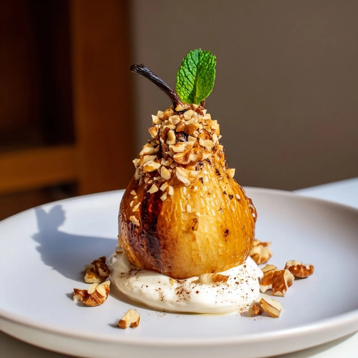 Warm roasted pears with cinnamon, walnuts, and Greek yogurt, a delightful dessert.