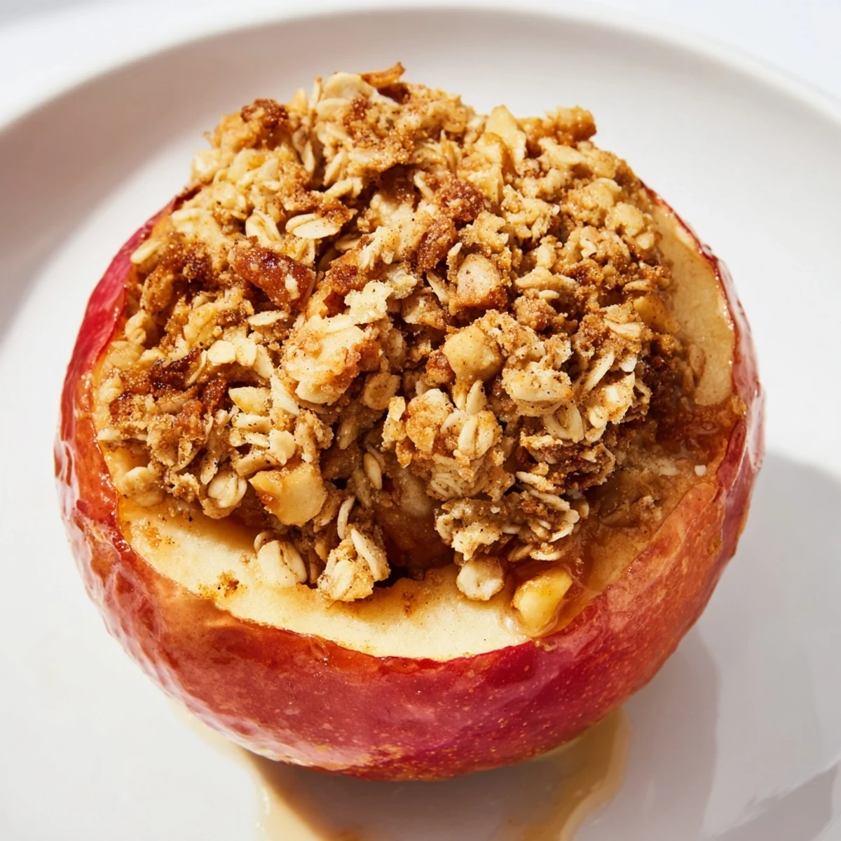 Golden, bubbly Baked Apples with Oat-Nut Crumble ready to serve, a warm and comforting dessert.