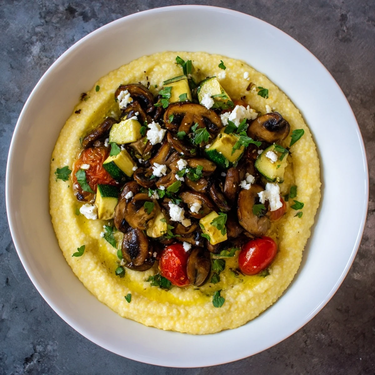 Creamy Cornmeal Mush Polenta Bowls with roasted vegetables and a drizzle of olive oil, ready to eat.