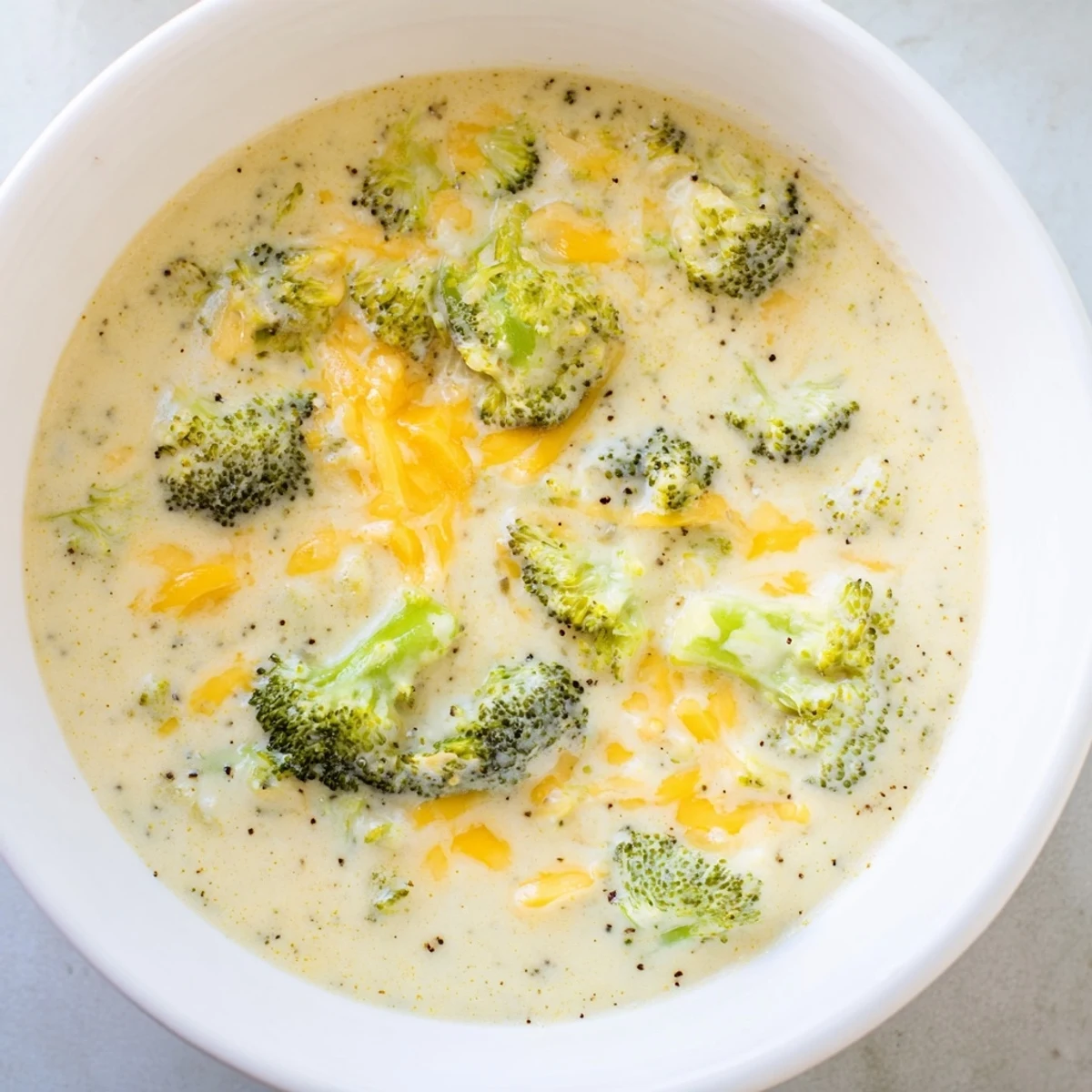 Steaming bowl of Broccoli Cheese Soup with melted cheddar, ready for a comforting dinner.