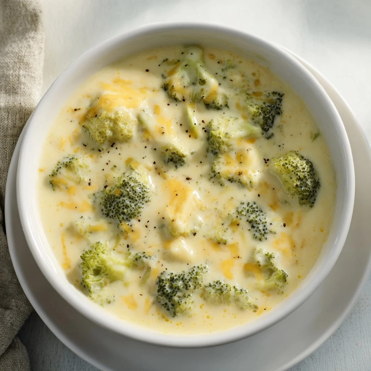 A close-up of a creamy Broccoli Cheese Soup, showcasing the tender broccoli florets and sharp cheese.