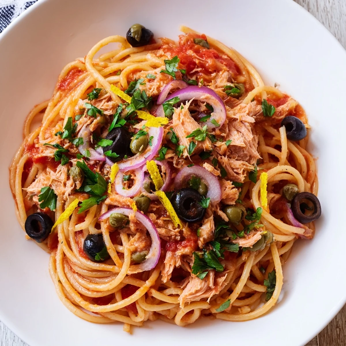 Steaming plate of pasta with tuna, olives, and capers: imagine the zesty lemon and briny olive aroma.