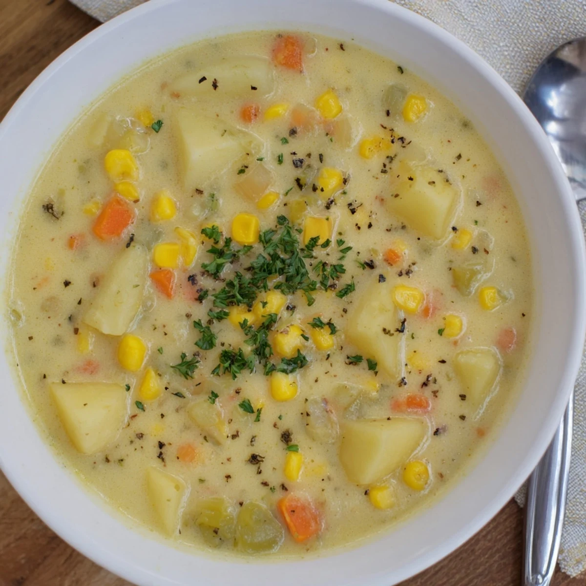Steaming bowl of Corn & Potato Chowder garnished with fresh parsley, ready to enjoy.