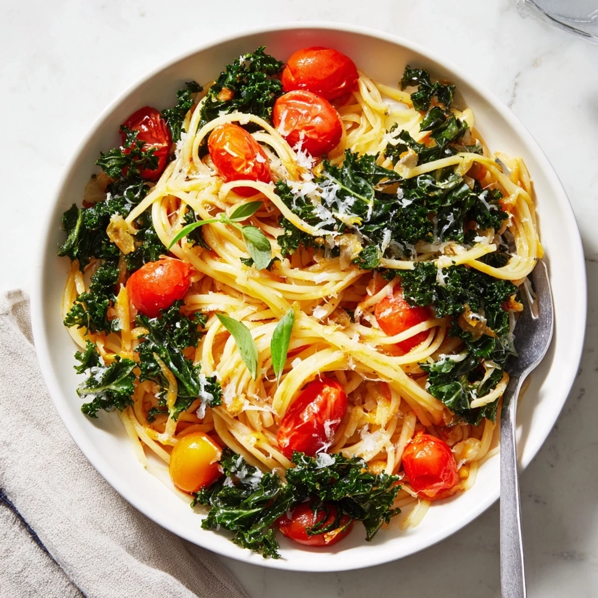 Steaming one-pot spaghetti with kale and tomatoes, garnished with fresh basil, ready to serve and enjoy.