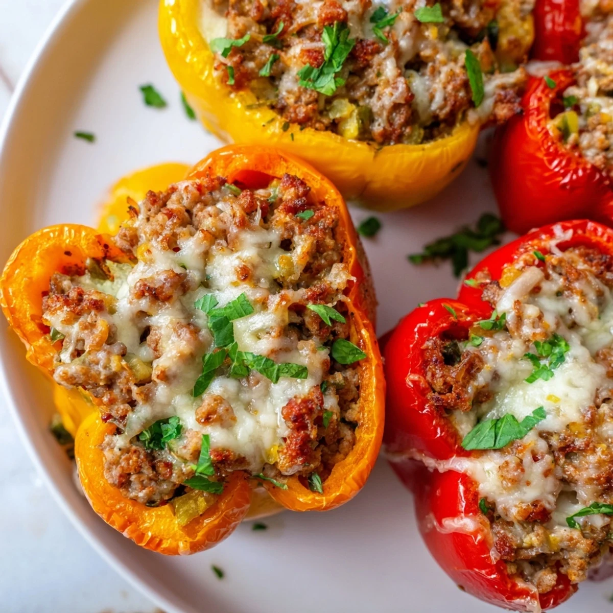 Vibrant baked stuffed peppers with ground turkey and melted cheese, a comforting homestyle meal.