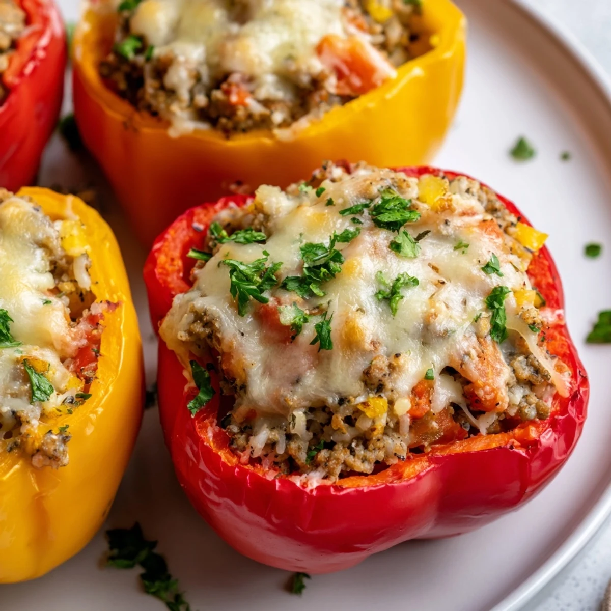 Golden-brown stuffed peppers, filled with savory turkey and rice, ready to serve for a hearty supper.