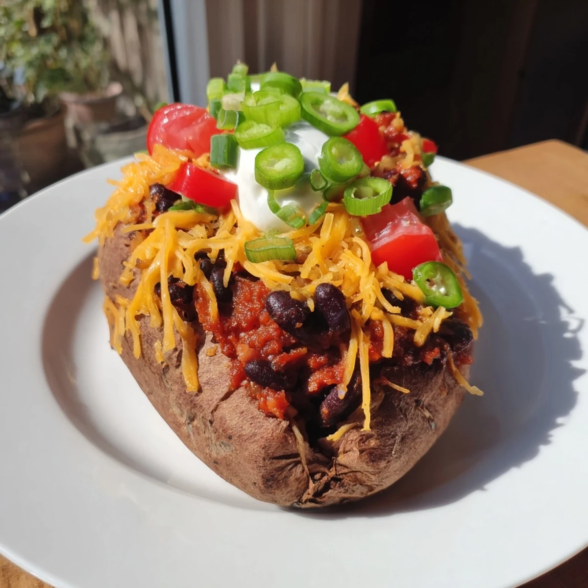Steaming hot Loaded Baked Potato oozing melted cheese, a savory chili, and creamy toppings, perfect dinner.