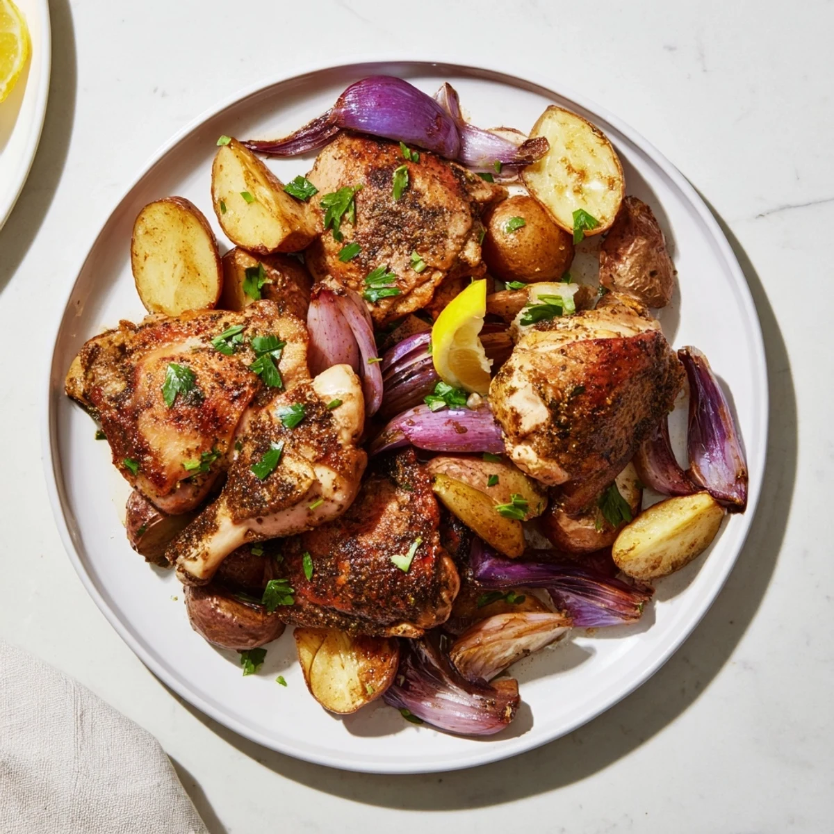 Golden-brown Sheet Pan Zaatar Chicken with roasted potatoes, offering savory Middle Eastern flavors and aromas.