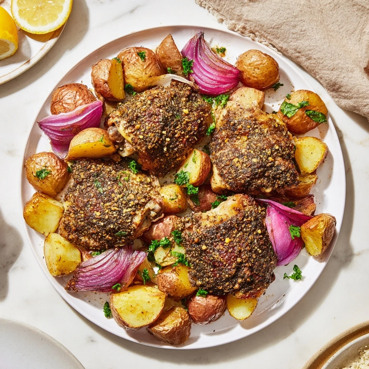 Crispy skin Sheet Pan Zaatar Chicken sitting atop perfectly roasted potatoes, ready to serve with fresh parsley.
