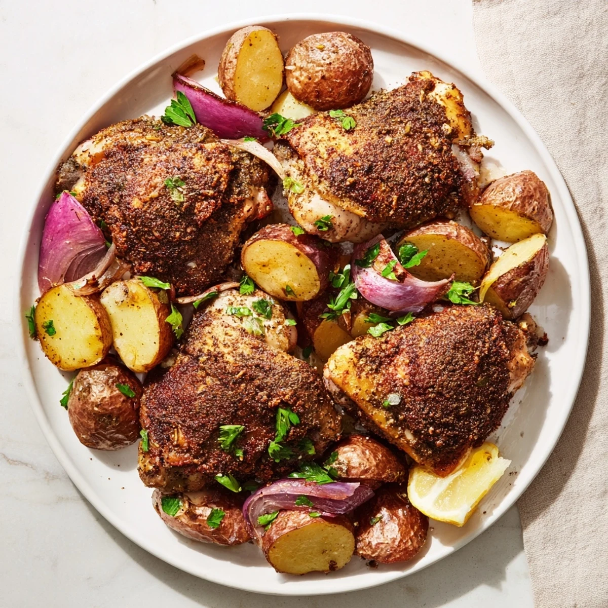 A vibrant close-up showcasing flavorful Sheet Pan Zaatar Chicken, juicy thighs nestled with tender roasted potatoes.