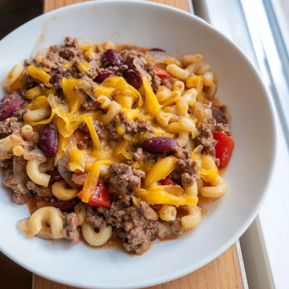 Steaming hot Cheeseburger Chili Mac Skillet, topped with melted cheddar, ready to serve as a comforting meal.