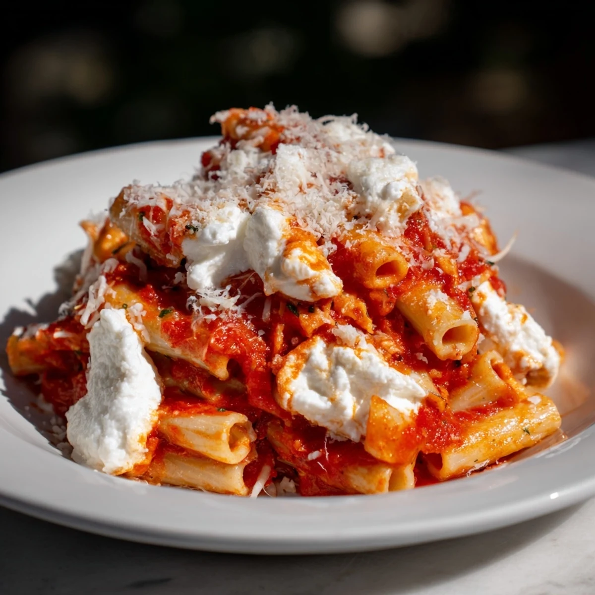Comforting and classic, a dish of Slow Cooker Baked Ziti ready to be enjoyed with garlic bread.