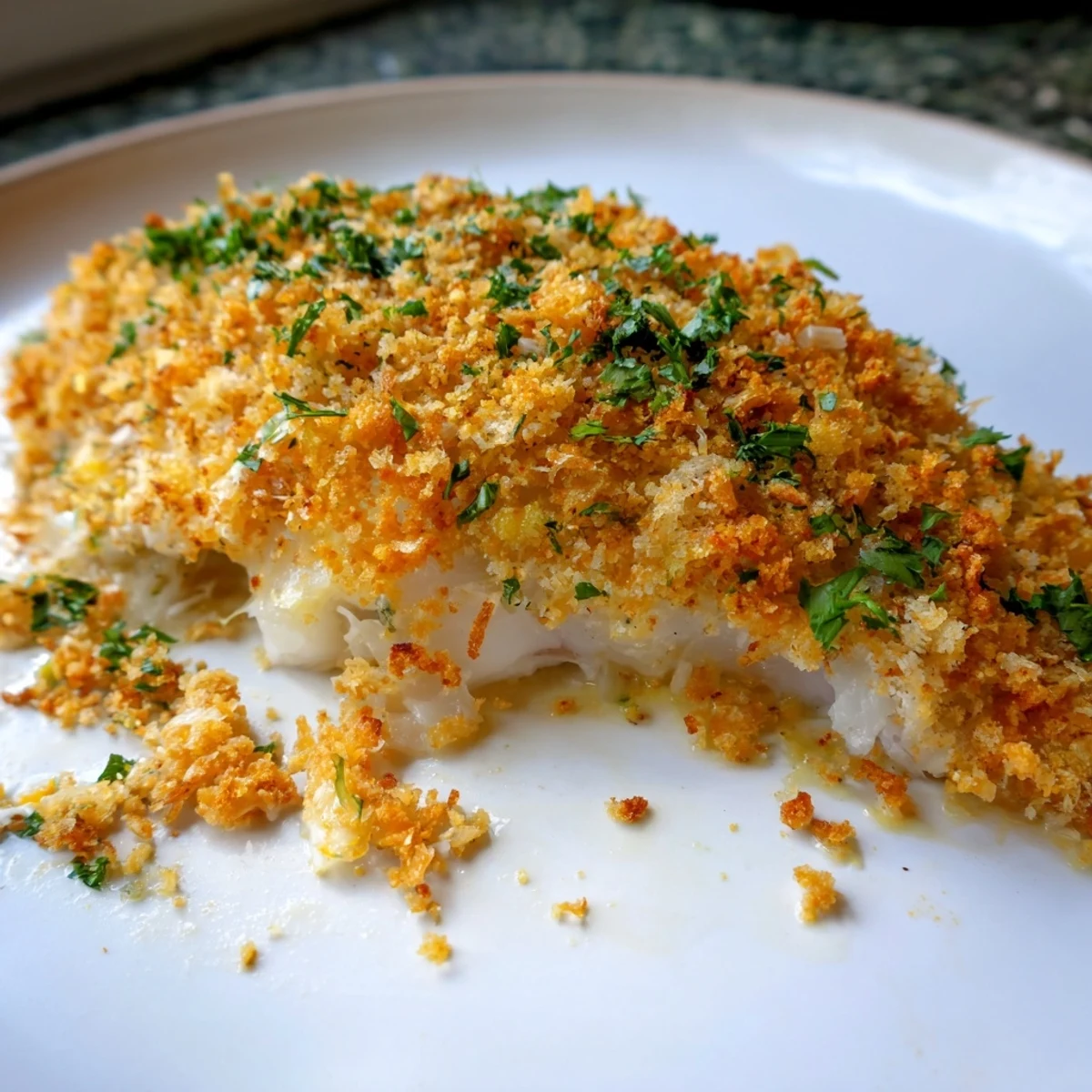 Golden baked cod with crispy Ritz cracker topping, ready to serve with lemon wedges for dinner.