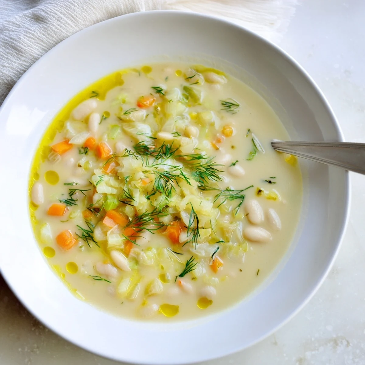 Creamy Simple White Bean and Fennel Soup, garnished with fennel fronds, ready to serve with crusty bread.