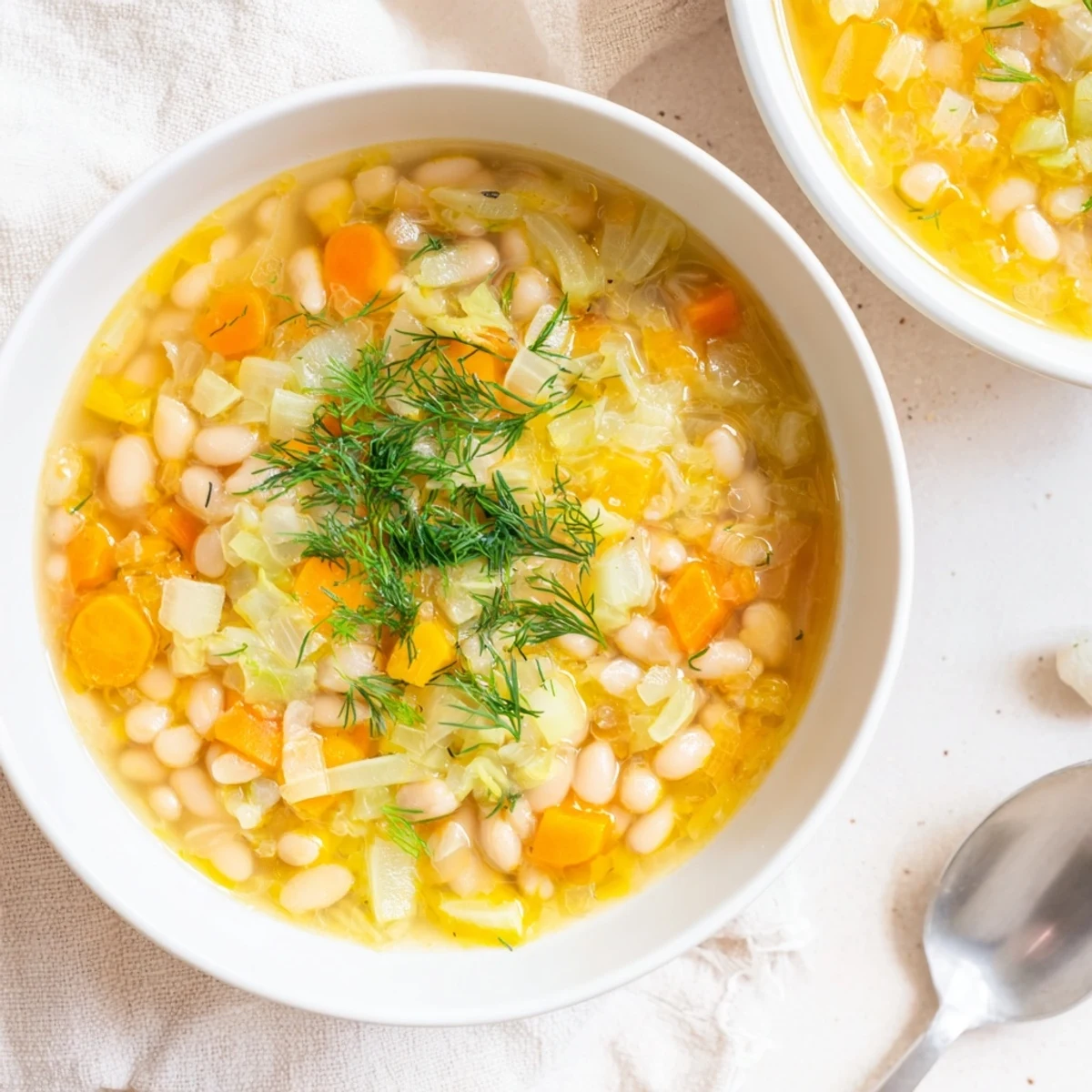 Enjoy a close-up of the rustic, textured Simple White Bean and Fennel Soup, drizzled with olive oil.