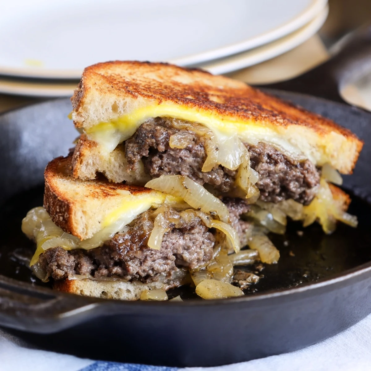 Golden-brown patty melt skillet with layers of cheese, beef, and perfectly caramelized onions, a diner classic.