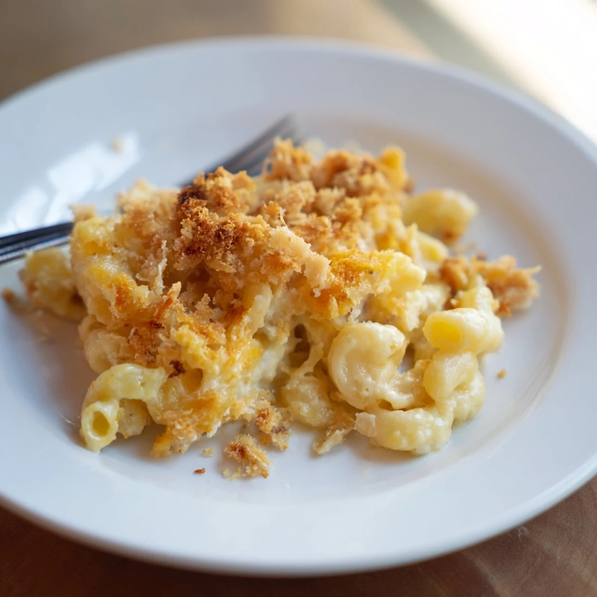 Golden baked Old-Fashioned Mac & Cheese with a bubbly cheese and breadcrumb topping, delicious.