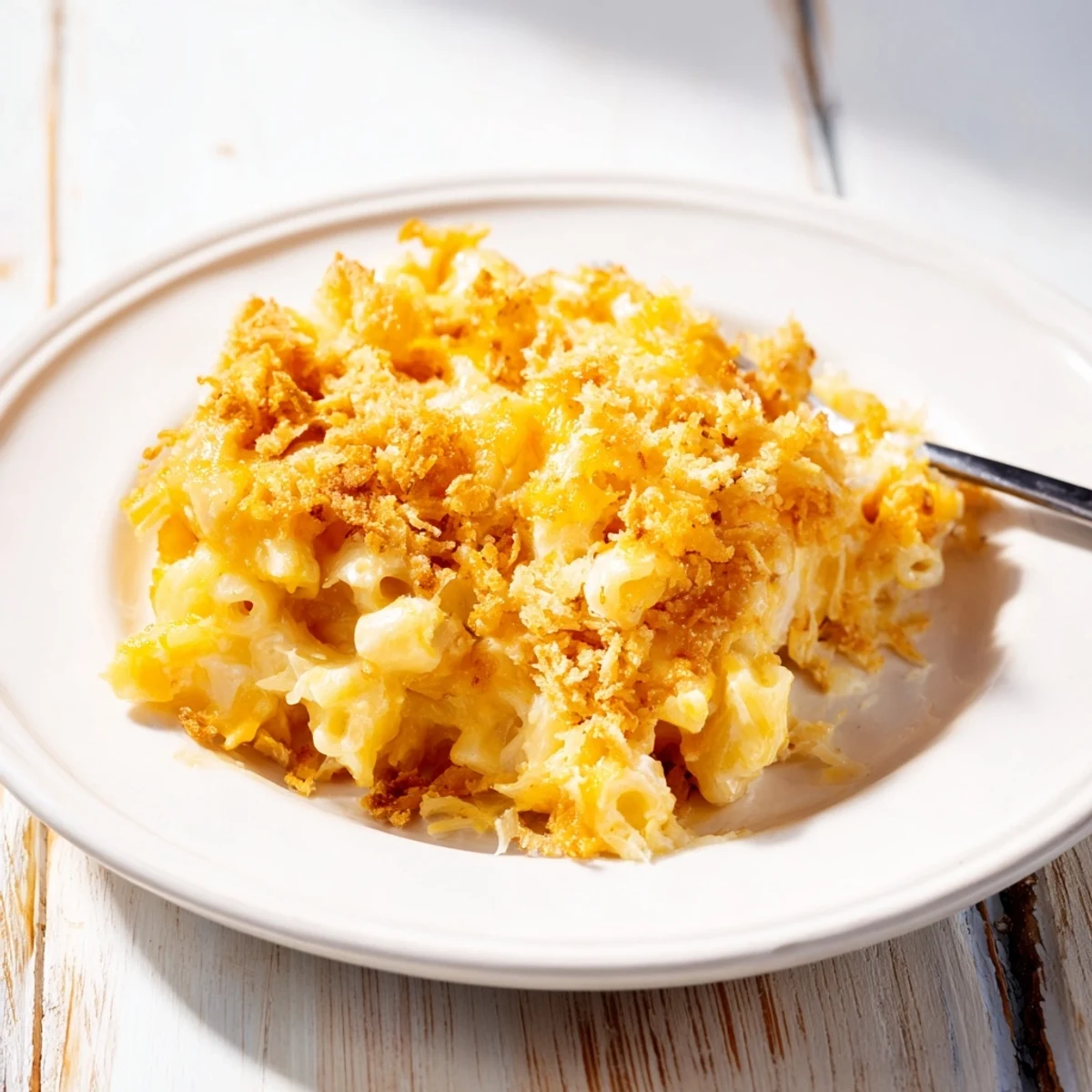 Melted cheese pull from a freshly baked casserole of classic Old-Fashioned Mac & Cheese.