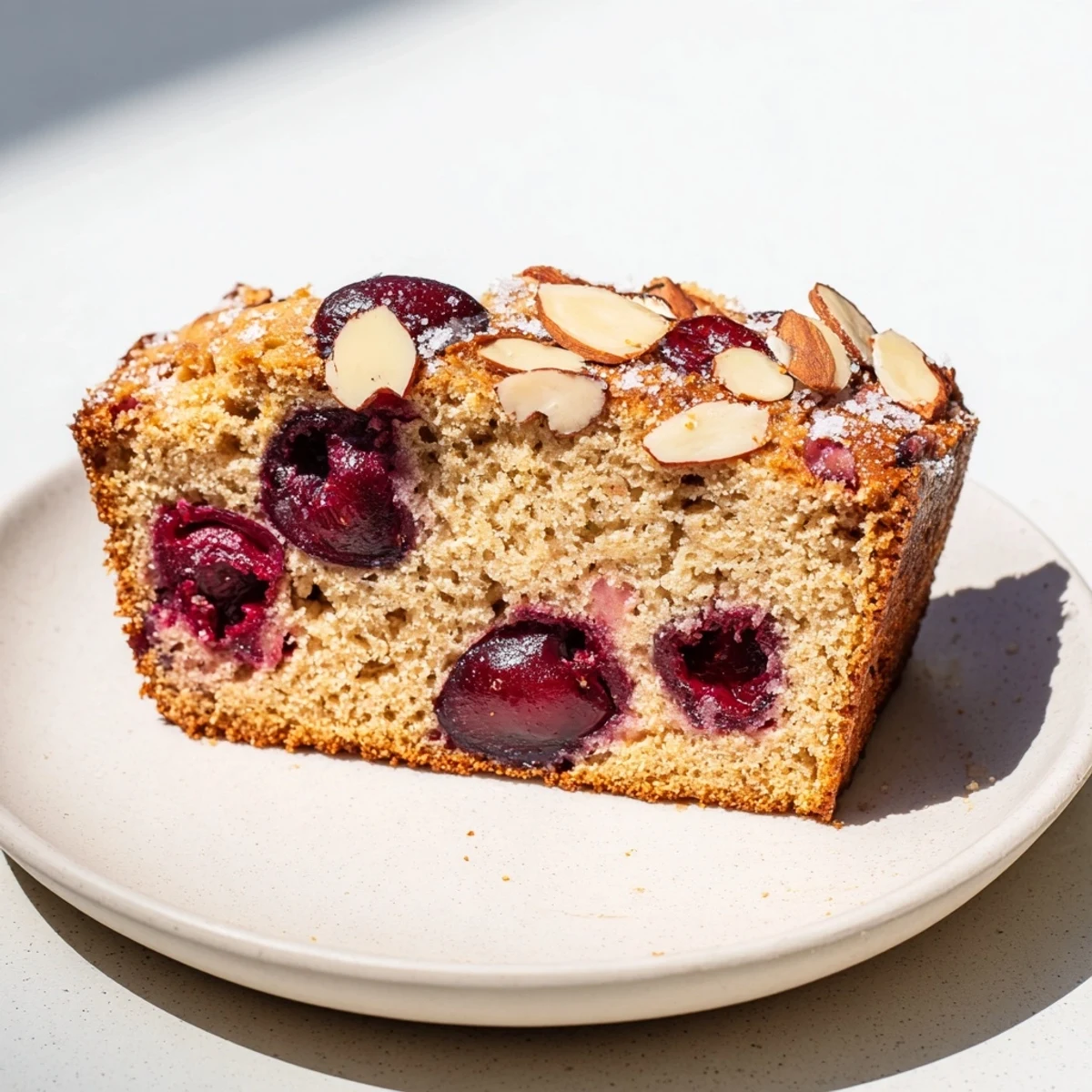A slice of Cherry Almond Loaf Cake, showing juicy cherries and a golden, crumbly top.