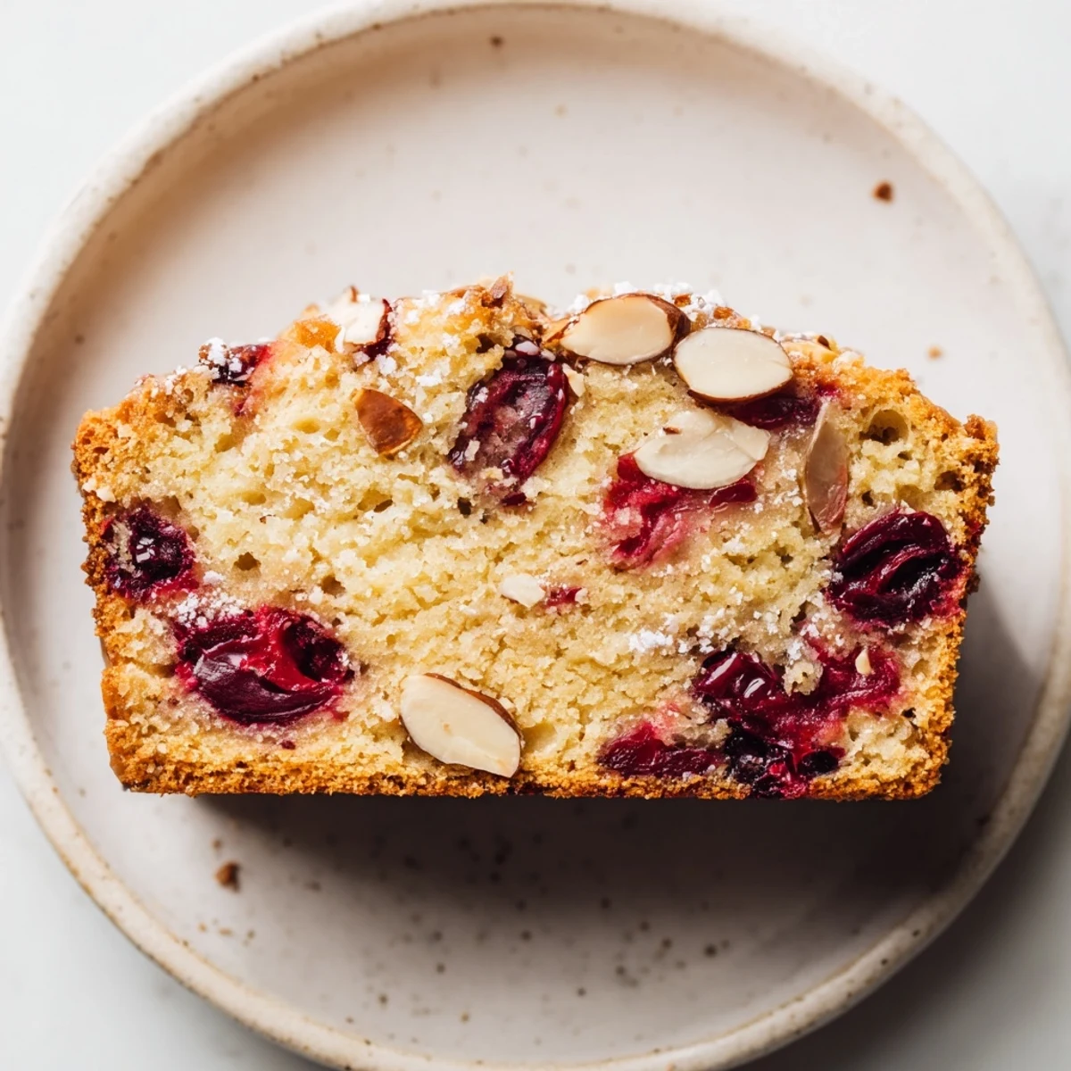 Close-up of a Cherry Almond Loaf Cake with almond slices, ready to be enjoyed with coffee.