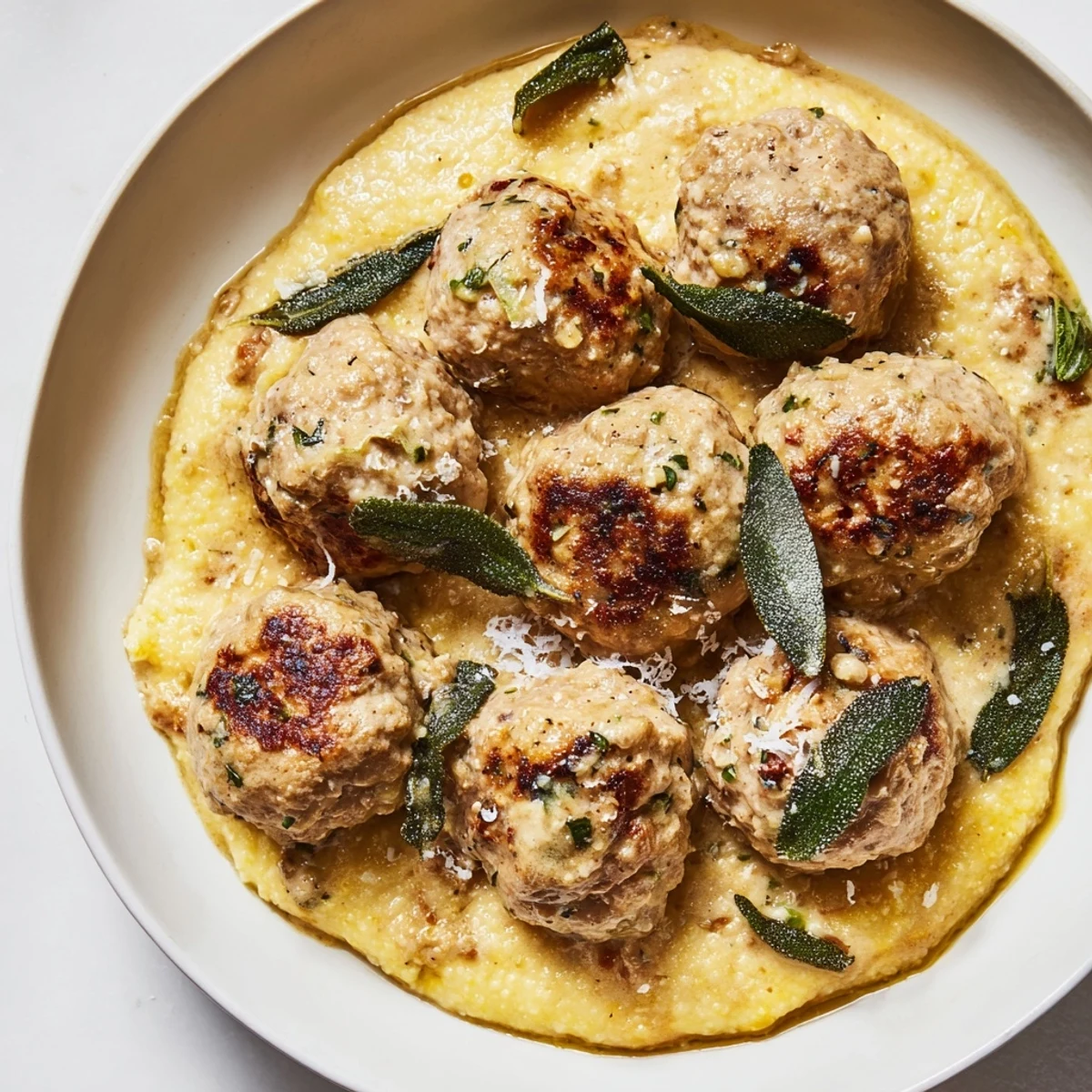 Warm, aromatic image: Turkey meatballs swimming in vibrant pumpkin sage sauce, ready to serve.