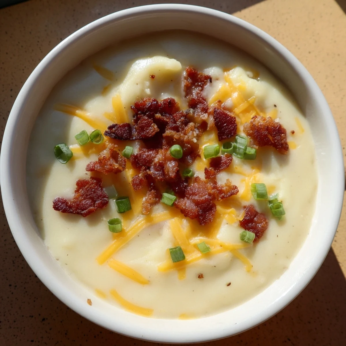 A steaming bowl of Crockpot Loaded Baked Potato Soup, topped with cheddar and fresh green onions galore.