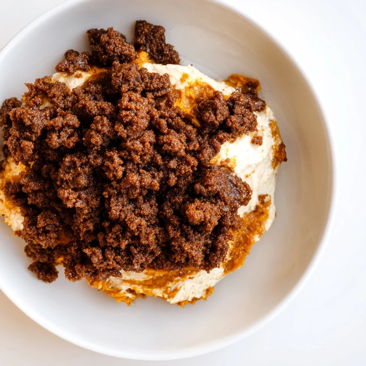 A warm, flavorful scoop of pumpkin crisp with a buttery crumble topping and spices.