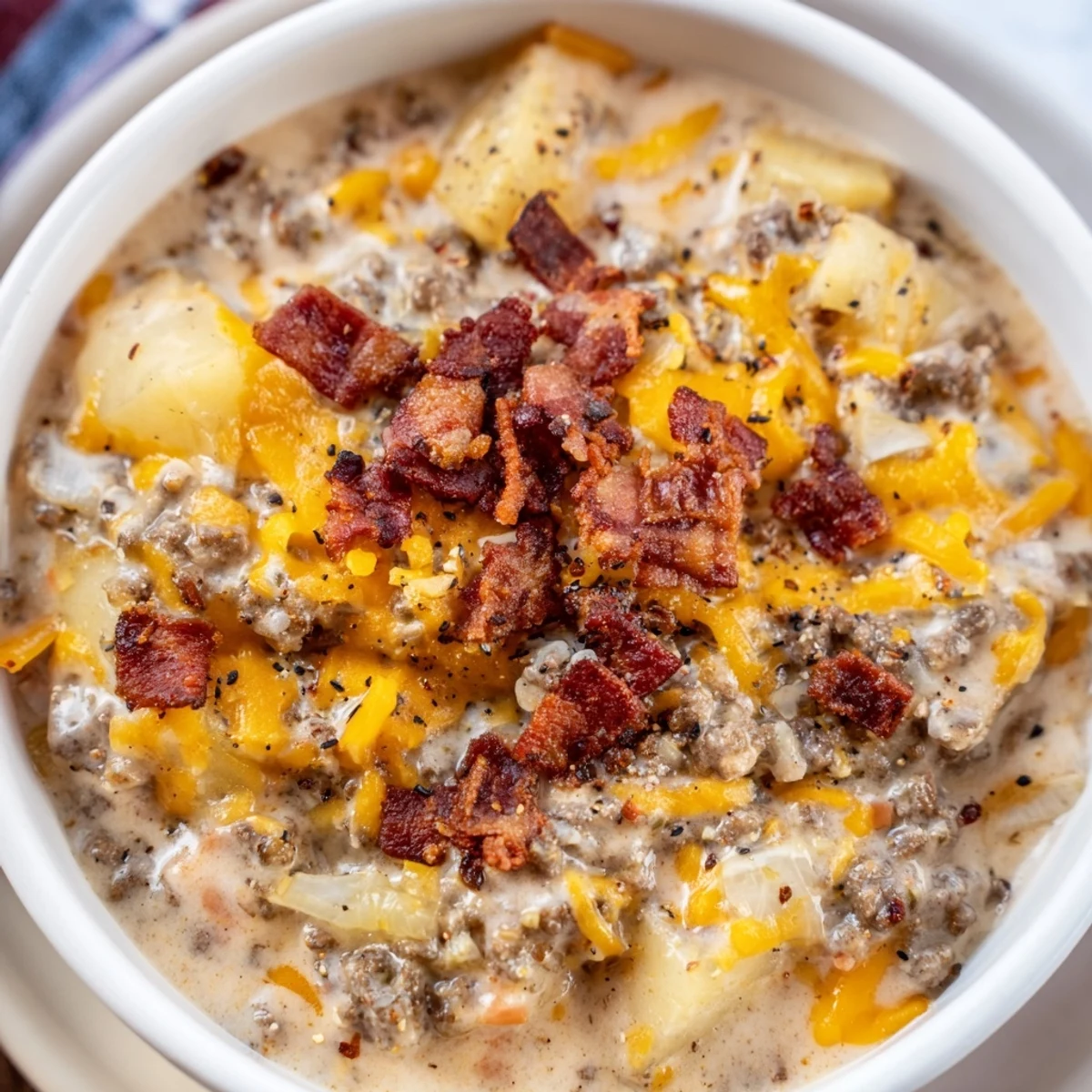 Crockpot Cheeseburger Soup: A creamy, hearty bowl with melted cheddar, beef, and crispy bacon topping.