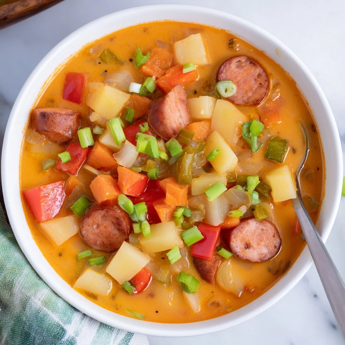 Close-up shot shows the rich, spiced Slow Cooker Cajun Potato Soup, perfect for a flavorful dinner.