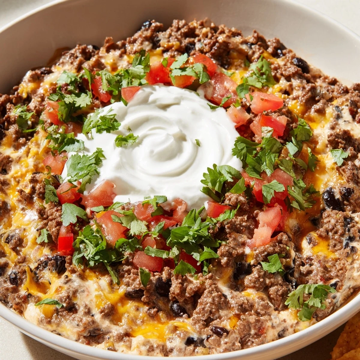 A bubbling slow cooker filled with creamy Slow Cooker Cream Cheese Taco Dip, ready to serve with crispy tortilla chips.