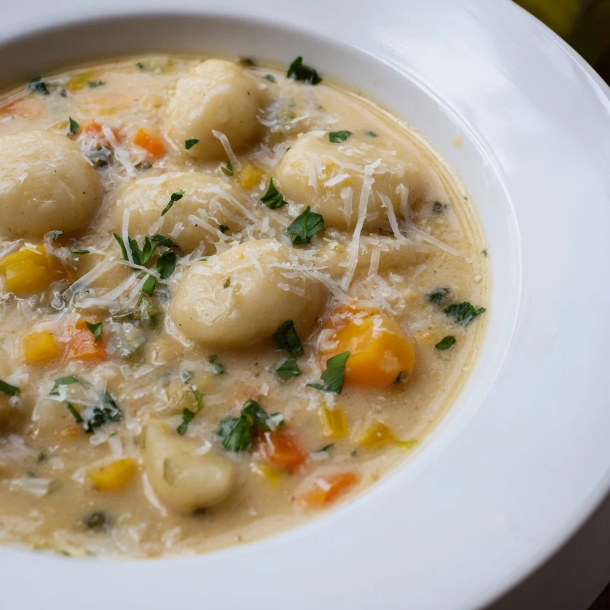 A hearty bowl of Savory Butternut Squash Gnocchi Soup, perfect for a cozy, delicious vegetarian dinner.