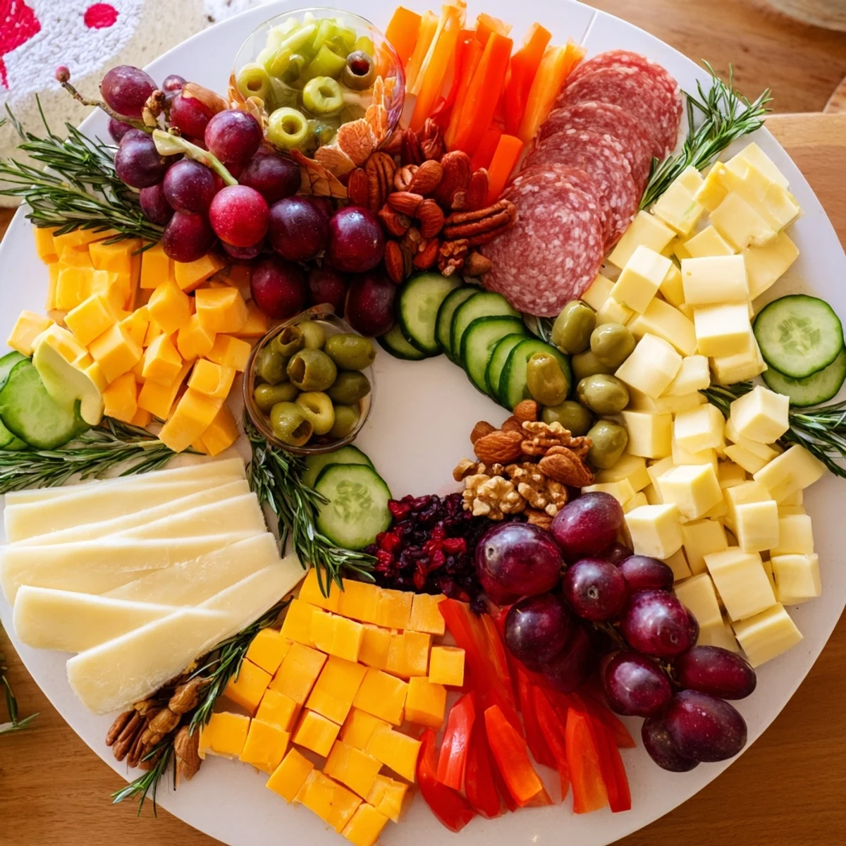 Circular, inviting view of a holiday Simplified Grazing Board Wreath, perfect for sharing and entertaining guests.&#x20;