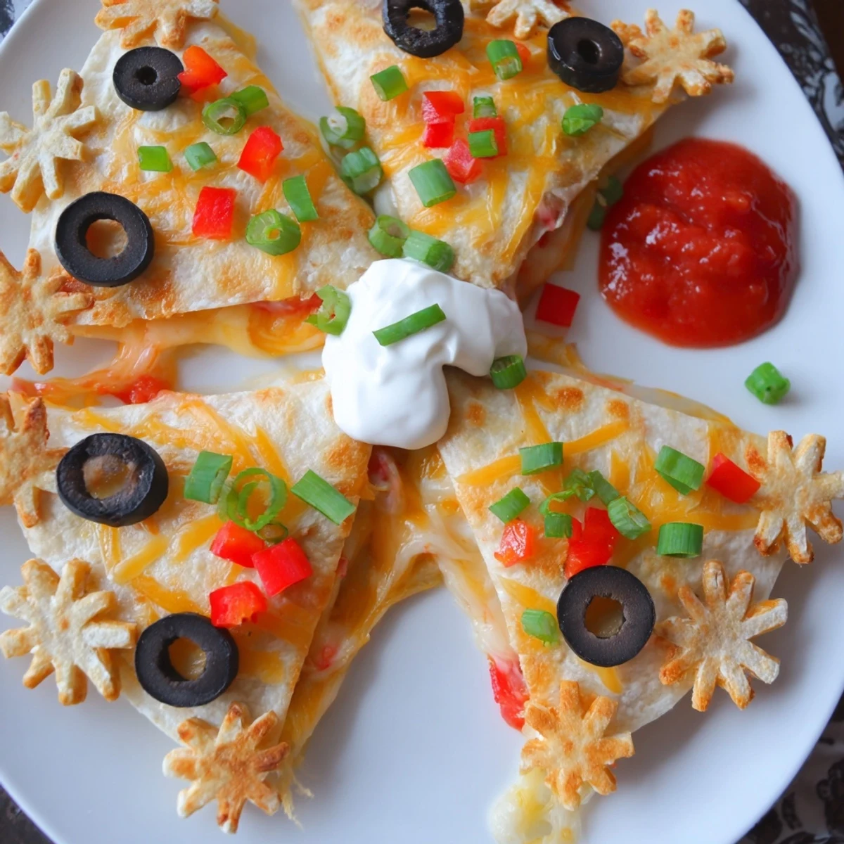 Express Snowflake Quesadillas, golden-brown and crispy, with melted cheese oozing from festive snowflake cutouts.