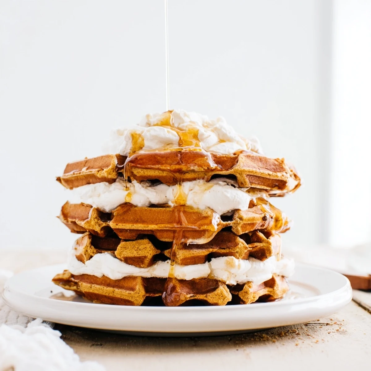 Indulge in these easy Express Gingerbread Waffle Stacks: tender waffles piled with cream for breakfast or dessert.