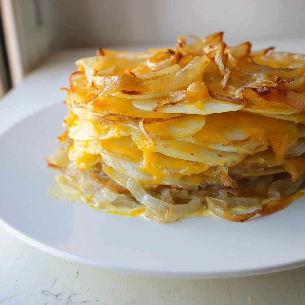 Creamy, cheesy Budget-Friendly Potato Layer Bake, showcasing layered potatoes baked until perfectly browned and fragrant.