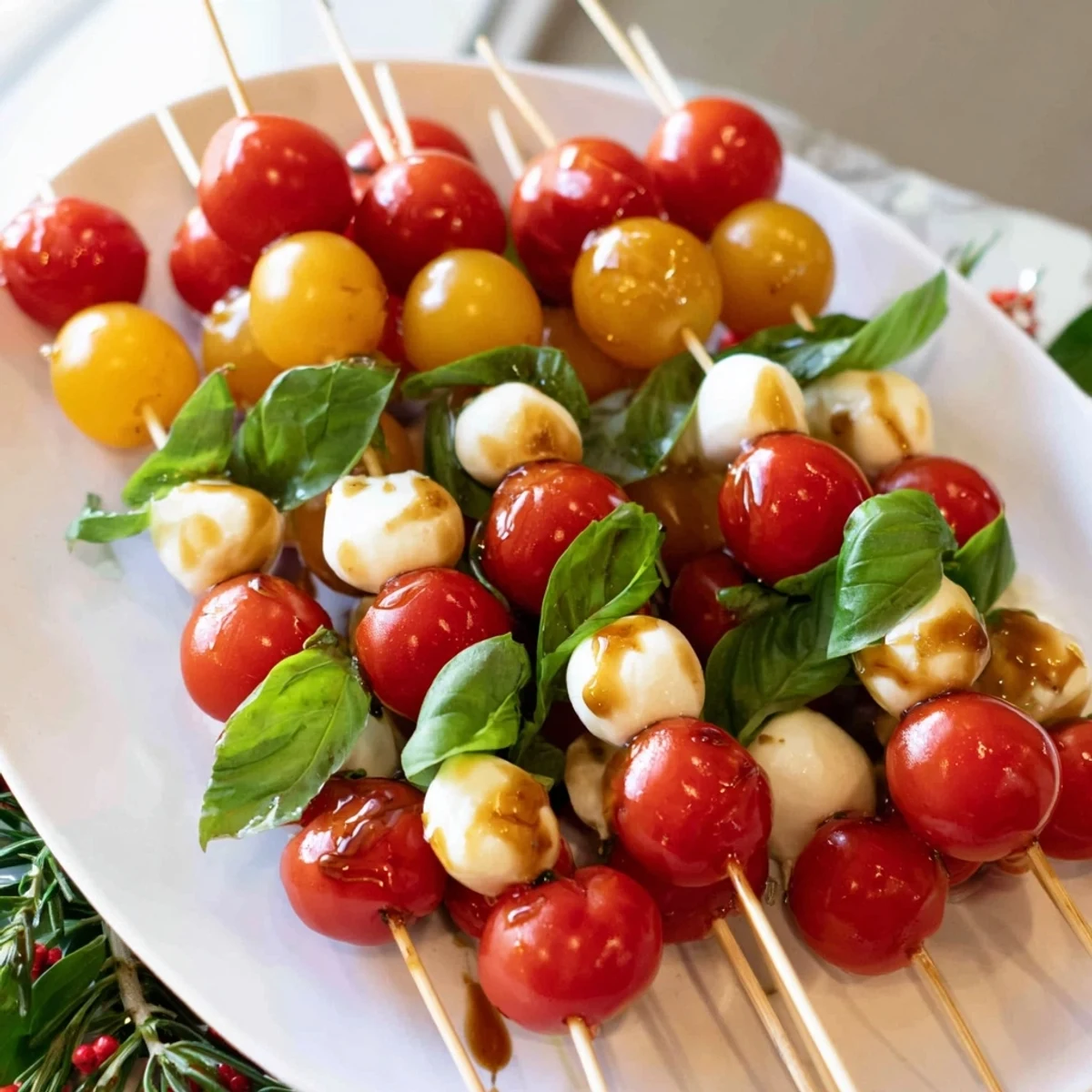 Vibrant Easy Christmas Tree Caprese Skewers: a festive appetizer with balsamic glaze and mozzarella, perfect for entertaining.